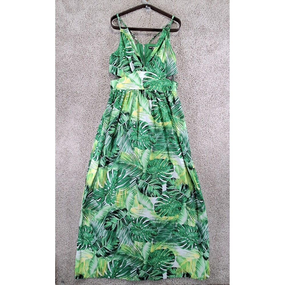 Fashion Nova Dress Women XL Green Tropical Palm Leaf Maxi Cut Out Beachy Cute